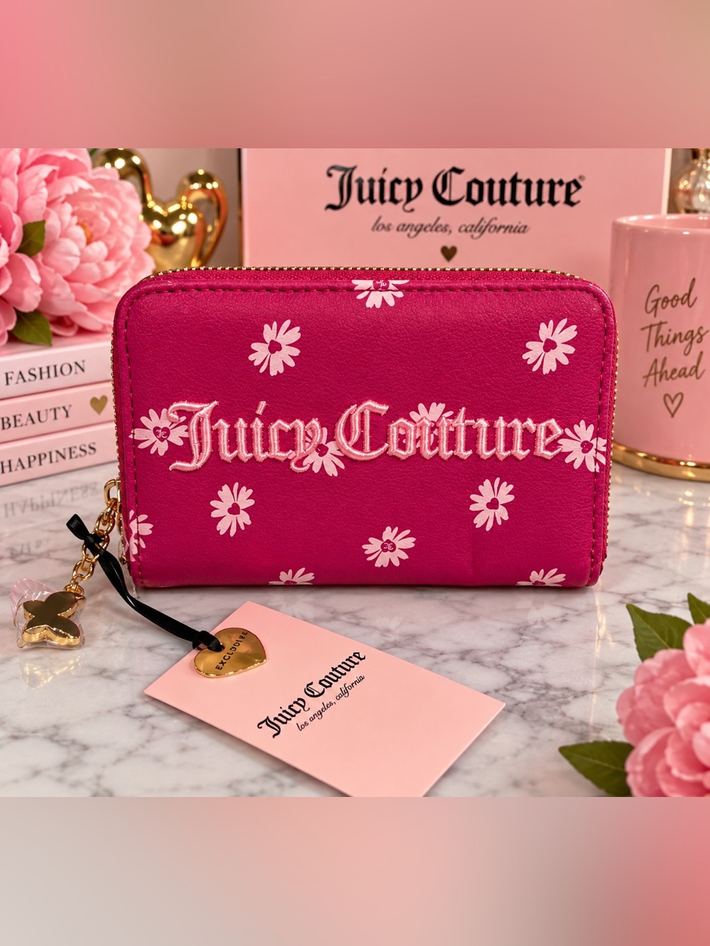 💕 Juicy Couture NWT Raspberry Tart / Flamingo Daisy Floral Zip-Around Wallet